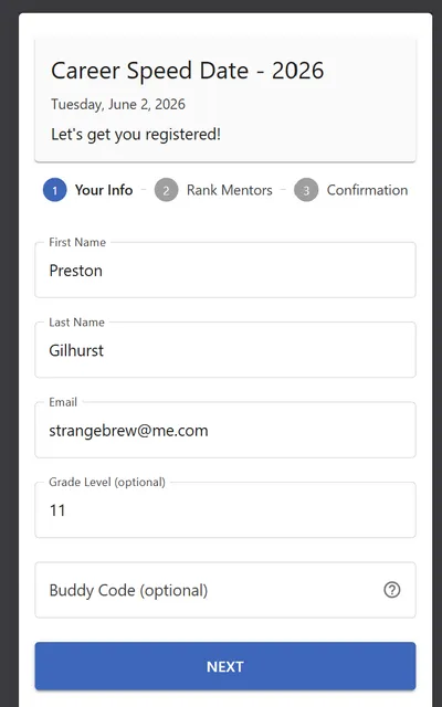 Mobile registration form showing student info fields, buddy code, and step wizard